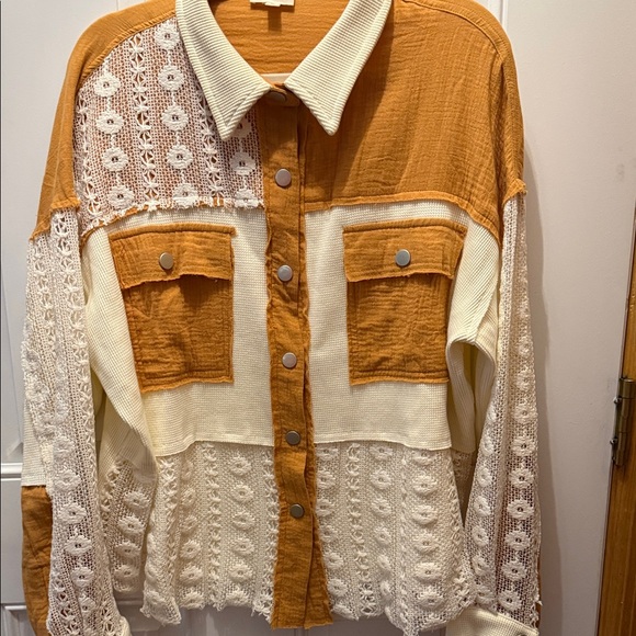 BiBi Tops - BiBi Mustard Yellow and Cream Button-Down Lace Panel Shirt